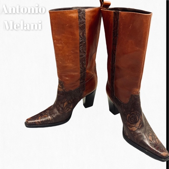ANTONIO MELANI Shoes - Antonio Melani Brown Leather Floral Cowboy Boots